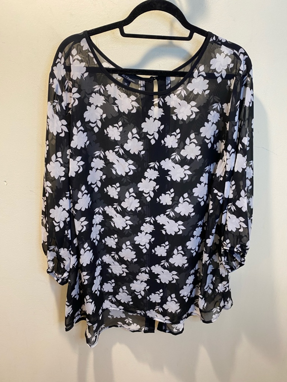 Alyx Womsn Black Sheer Blouse with White Floral Print Plus Size 3x